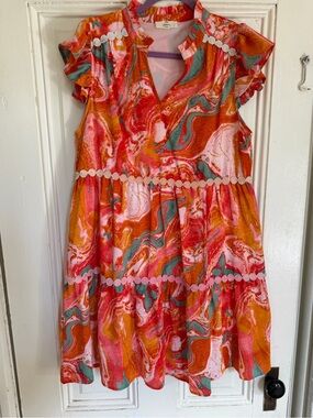 Entro Marble Print Pink & Orange Tiered Dress size M